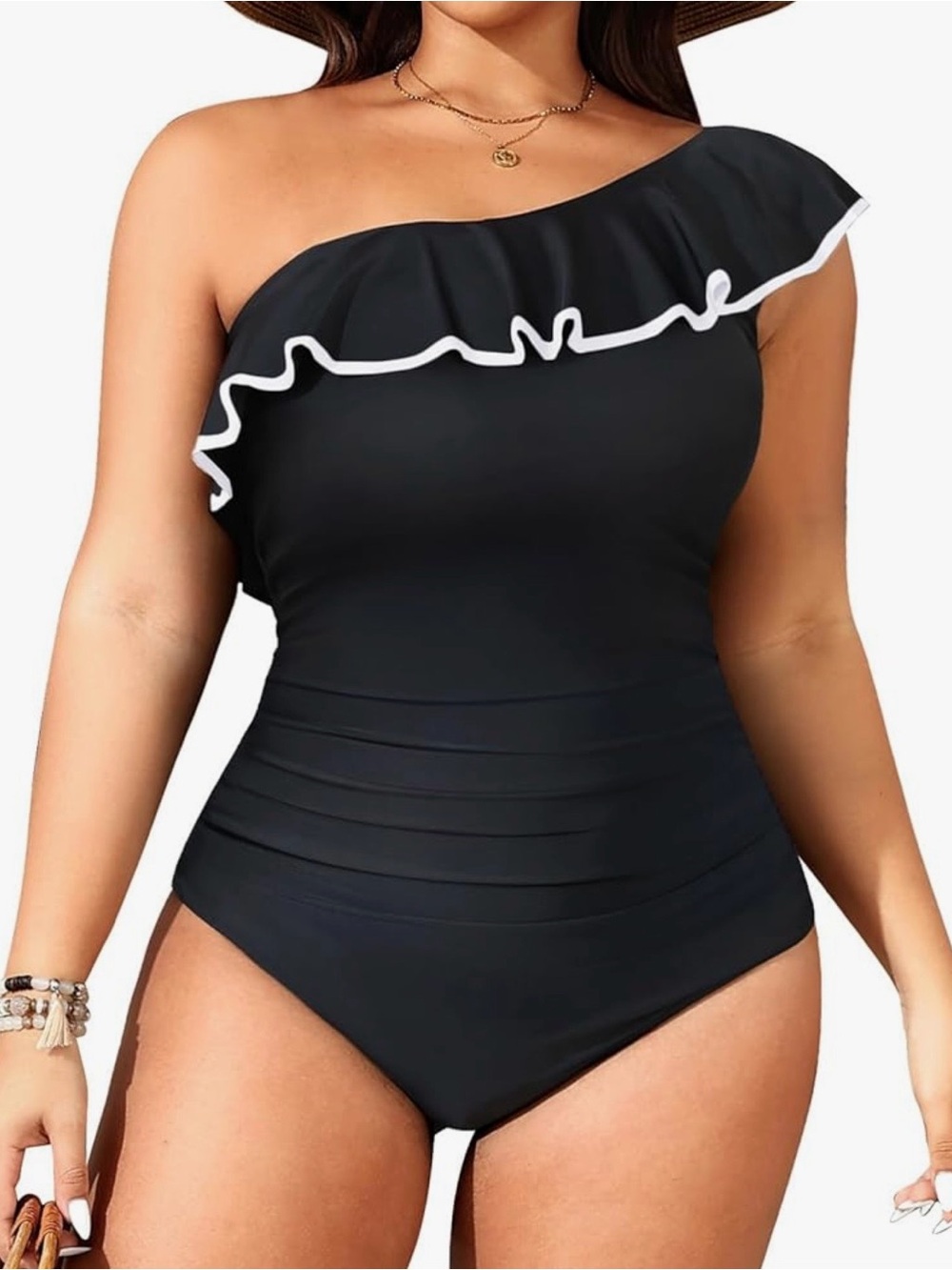 One-Shoulder Ruffle Swimwear - Black
